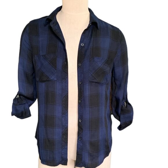 ANA Buffalo Plaid Button Front Shirt Sz XS Blue & Black #63G - Picture 6 of 9